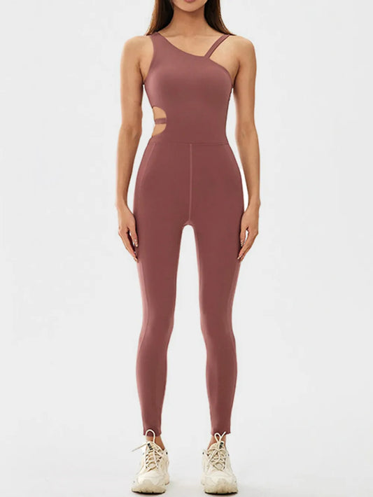 Cutout Asymmetrical Neck Active Jumpsuit Brown Easy Apparels