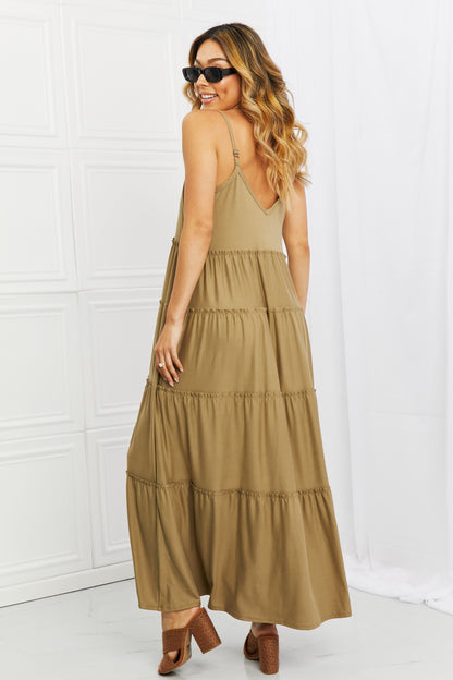 Zenana Full Size Spaghetti Strap Tiered Dress with Pockets in Khaki Easy Apparels