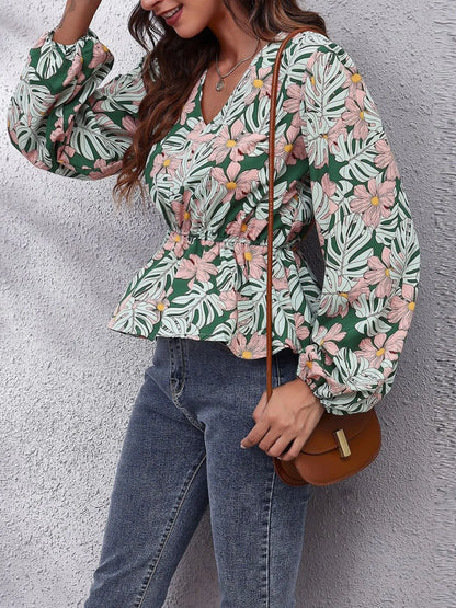 Trendsi Floral V-Neck Balloon Sleeve Blouse