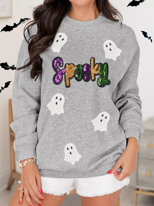 Halloween Spooky Ghost Sequin Sweatshirt Gray Easy Apparels