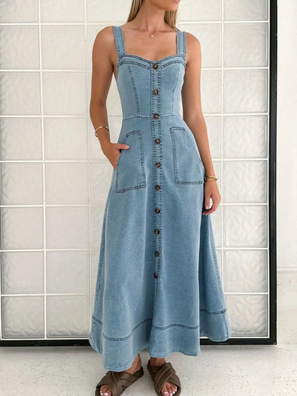 Wide Strap Sweetheart Neck Denim Dress Easy Apparels