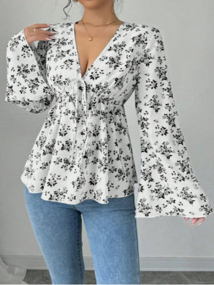 Trendsi Floral Print V-Neck Long Sleeve Blouse
