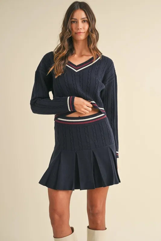 MABLE Cable-Knit Top and Pleated Skirt Sweater Set Dark Navy Easy Apparels