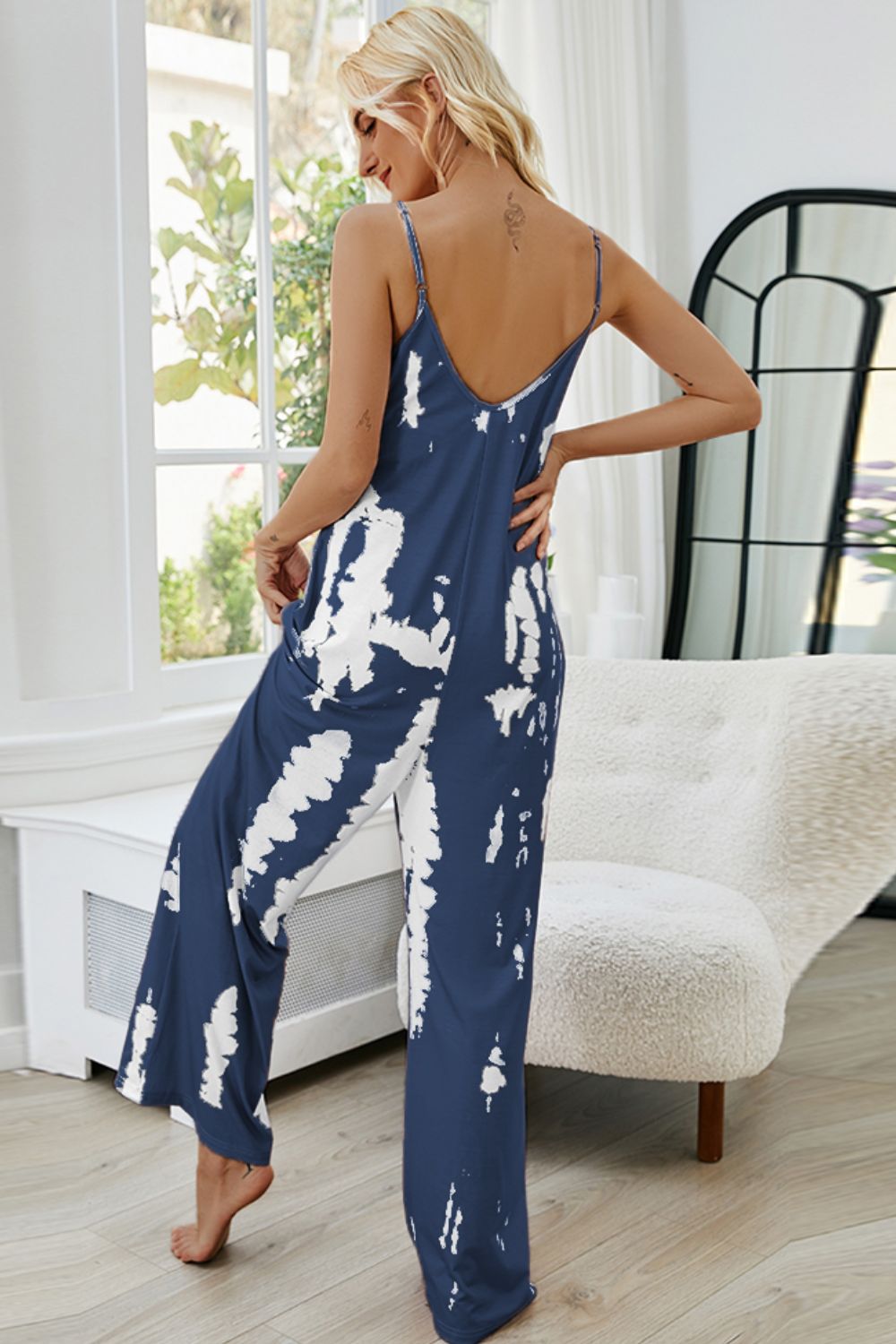 Shiny Tie-Dye Spaghetti Strap Jumpsuit with Pockets Easy Apparels