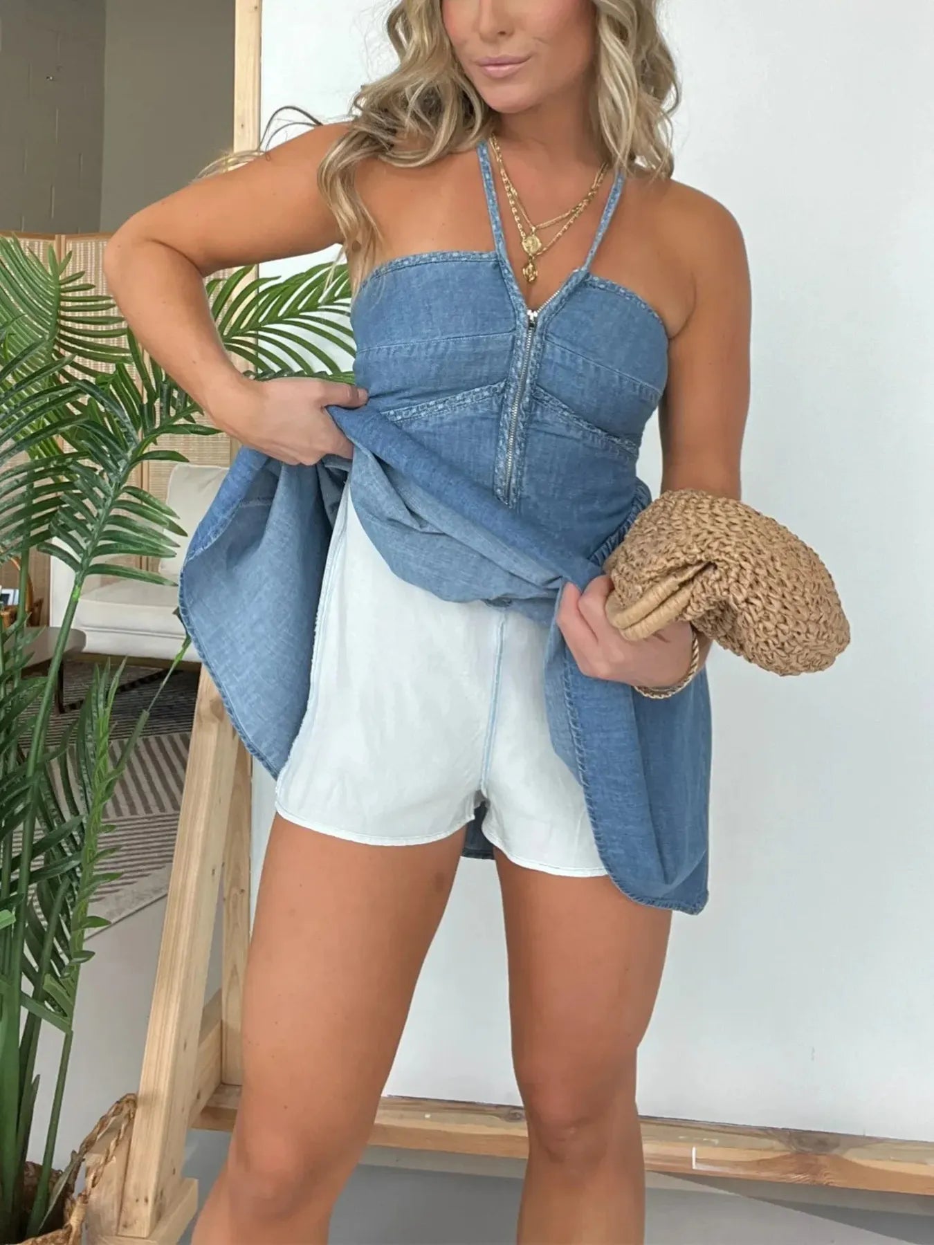 Full Size Lace Up Halter Neck Denim Dress Plus Size Easy Apparels