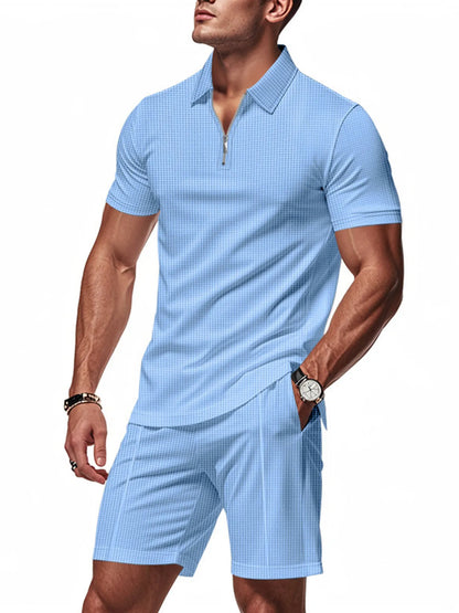 Men's Plus Size Quarter Zip Short Sleeve Top and Shorts Set Light Blue Easy Apparels