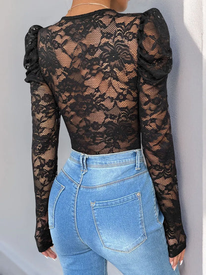 Trendsi Perfee Lace V-Neck Long Sleeve Bodysuit