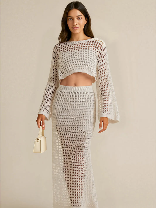 Hollow Out Long Sleeve Top and Skirt Knit Set Apricot Easy Apparels