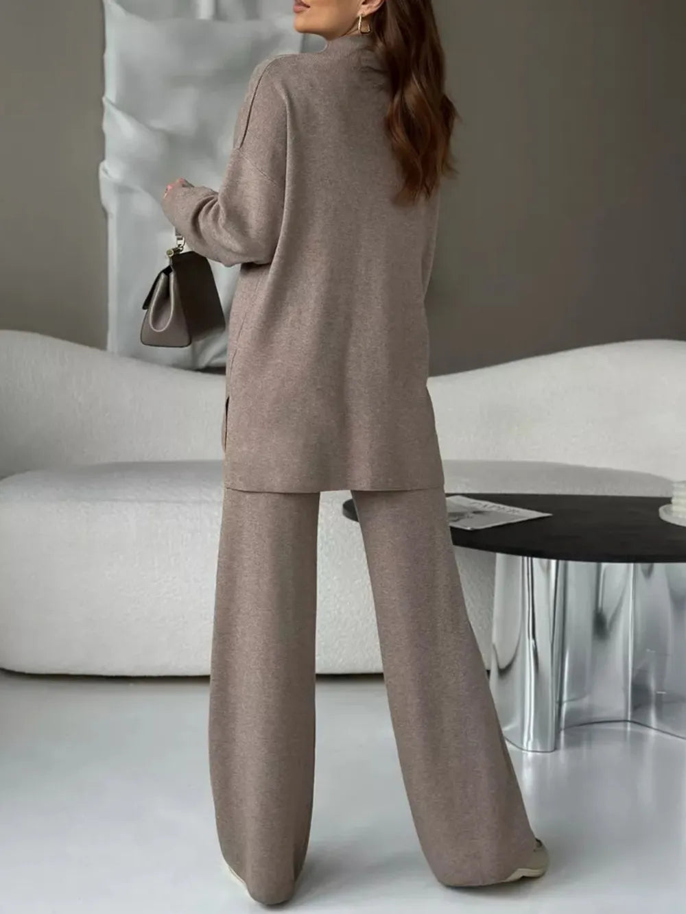 Slit Mock Neck Top and Pants Sweater Set Easy Apparels