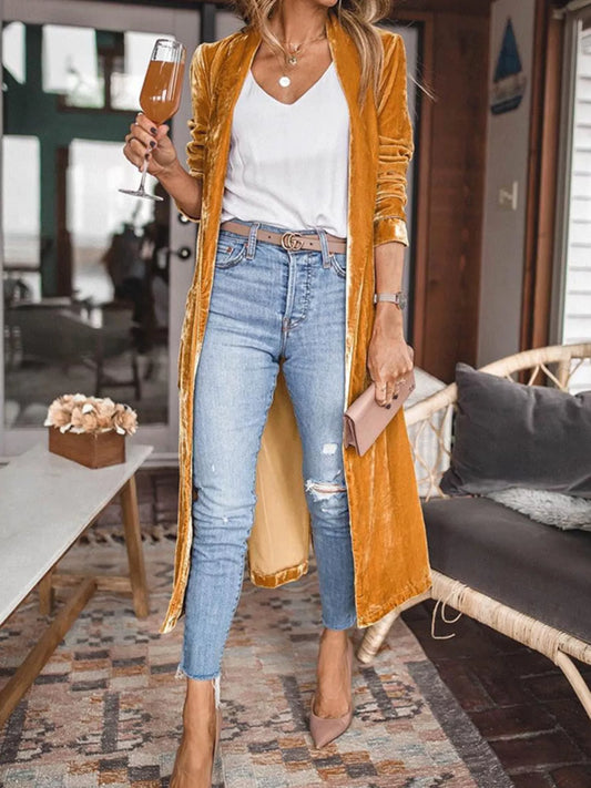 Open Front Long Sleeve Longline Cardigan Gold Easy Apparels