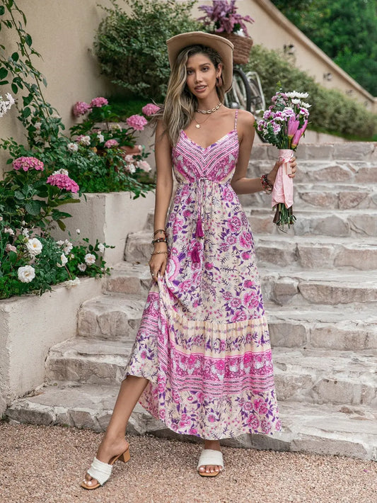 Trendsi Tassel Printed V-Neck Maxi Dress Pink