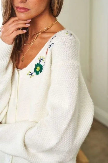 Davi & Dani Flower Embroidered Button Up Long Sleeve Cardigan Easy Apparels