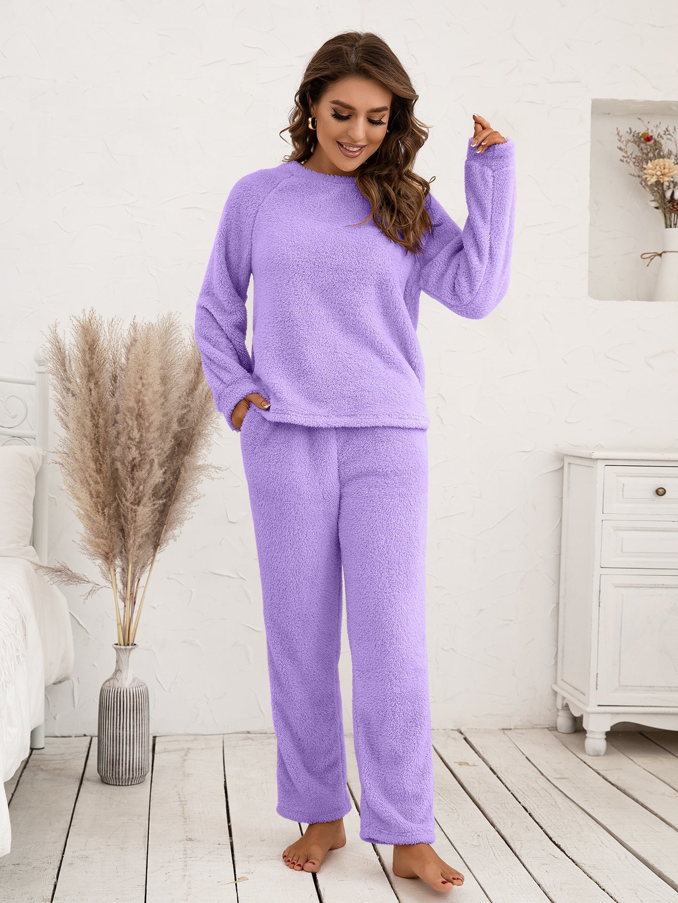 Ivy Lane Teddy Long Sleeve Top and Pants Lounge Set Lavender Easy Apparels