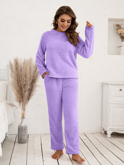 Ivy Lane Teddy Long Sleeve Top and Pants Lounge Set Lavender Easy Apparels