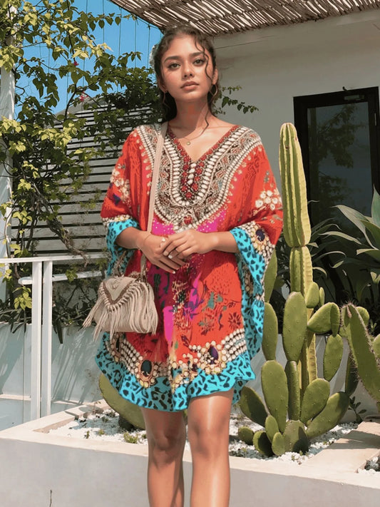 Floral Print V-Neck Cover Up Red Easy Apparels