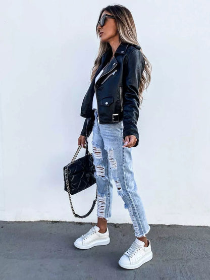 Full Size Zip Up Leather Motorcycle Biker Jacket Plus Size Easy Apparels