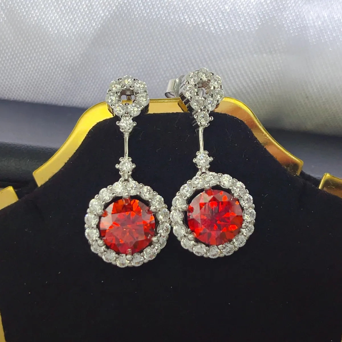 4 Carat Ruby Red Crystal Drop Earrings with Rhinestone Halo Red One Size Easy Apparels