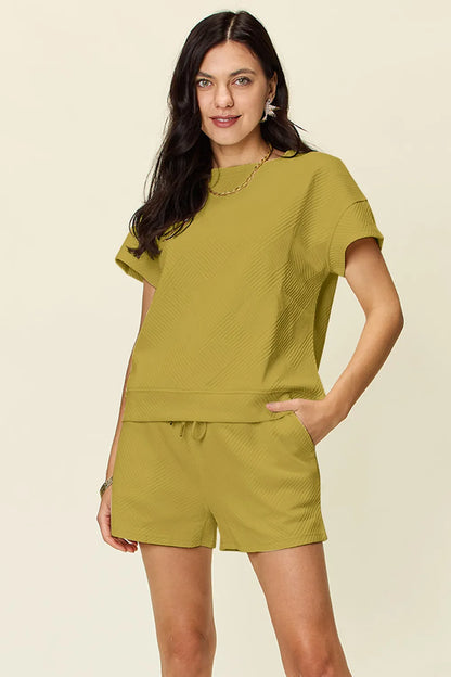 Double Take Full Size Texture Short Sleeve T-Shirt and Drawstring Shorts Set Chartreuse Easy Apparels