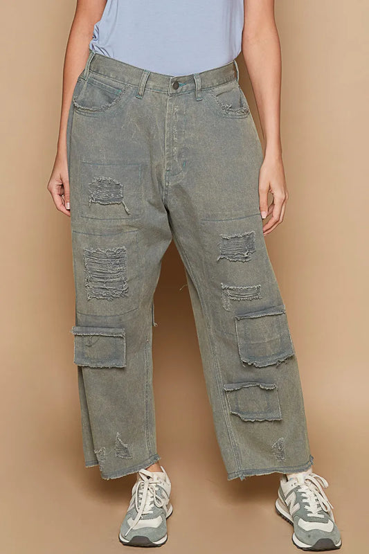 POL Distressed Raw Hem Wide Leg Pants French Blue Easy Apparels