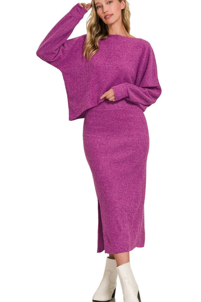 Zenana Ribbed Asymmetric Hem and Sleeve Top & Skirt Set LT PLUM Easy Apparels