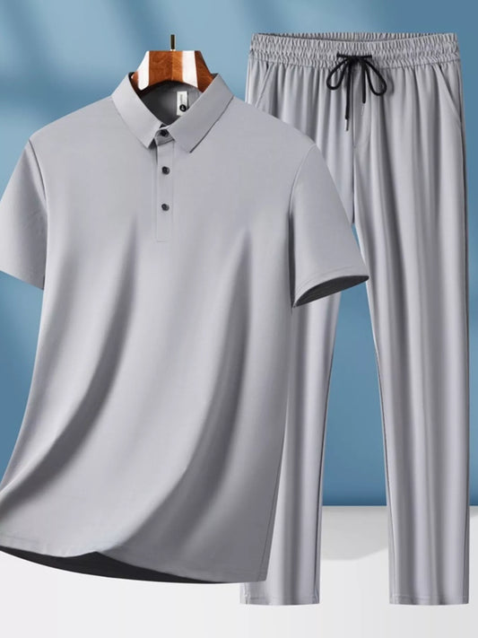 Men's Plus Size Button Detail Short Sleeve Top and Pants Set Gray Easy Apparels