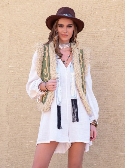Fuzzy Trim Open Front Vest Coat Easy Apparels