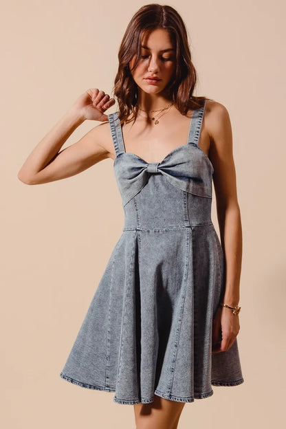 SO ME Mineral Washed Bow Ribbon Denim Flare Dress Easy Apparels