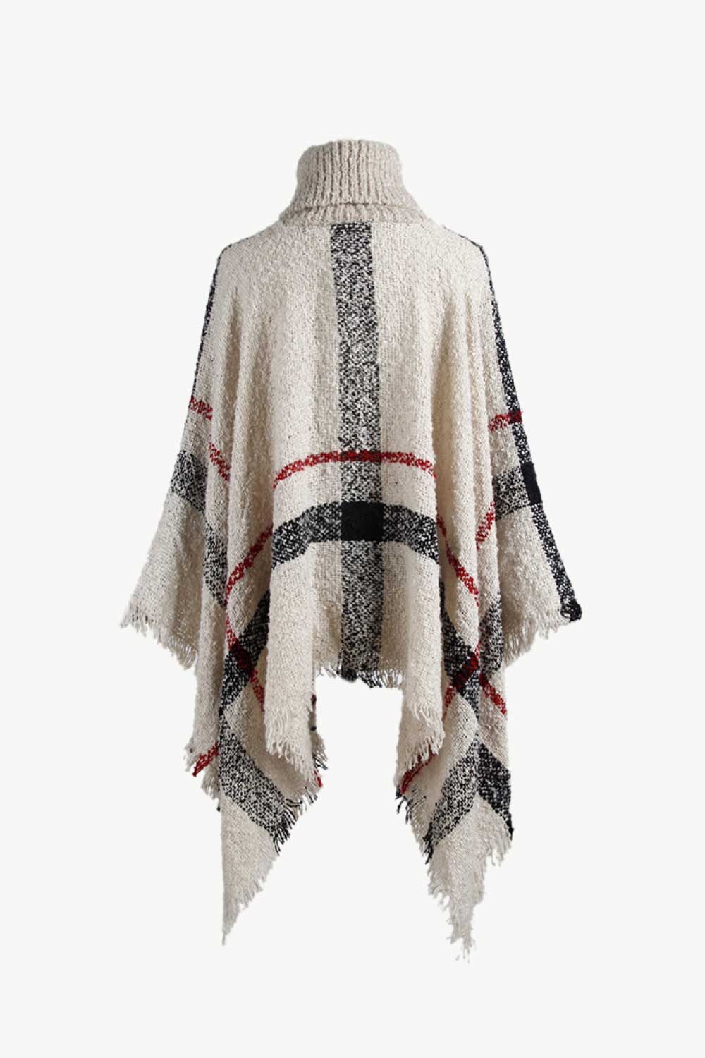 Plaid Turtleneck Raw Hem Poncho Easy Apparels