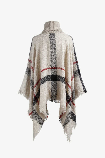 Plaid Turtleneck Raw Hem Poncho Easy Apparels