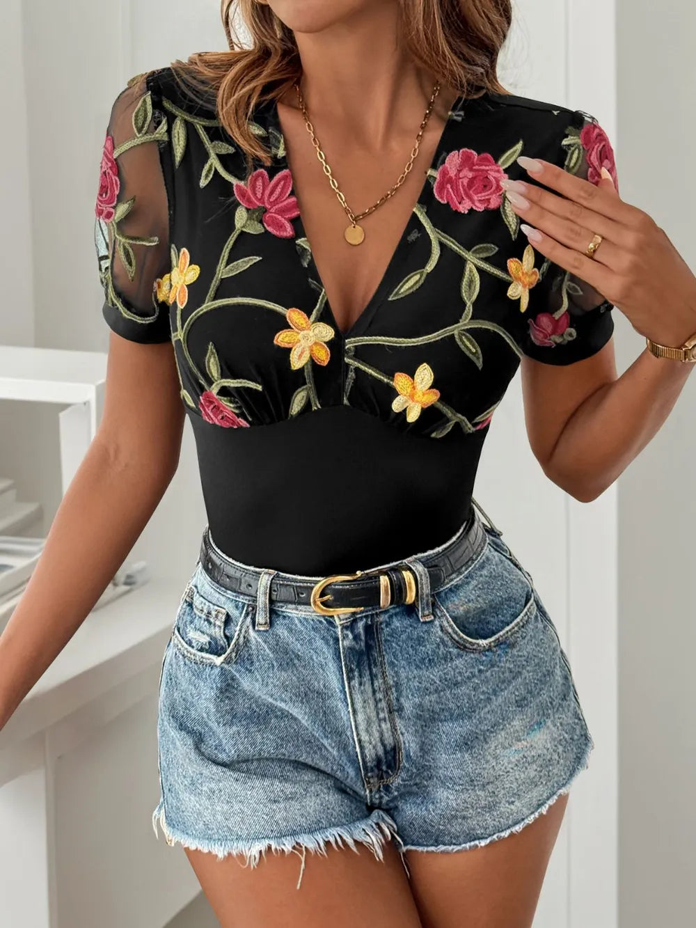 Trendsi Perfee Embroidered V-Neck Floral Bodysuit