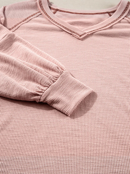 Trendsi Exposed Seam Ribbed Knit V Neck Top