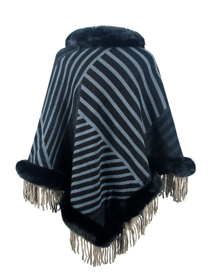 Striped Fringe Hem Poncho Easy Apparels