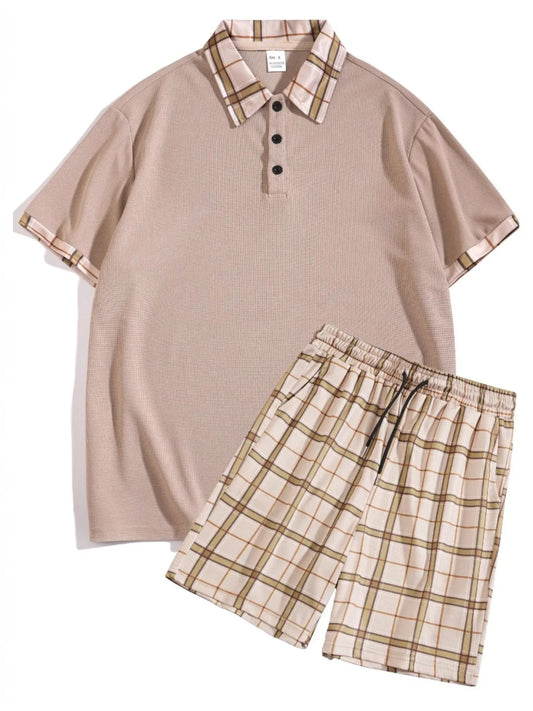 Men's Full Size Classic Plaid Collar Polo and Shorts Set Plus Size Khaki Easy Apparels