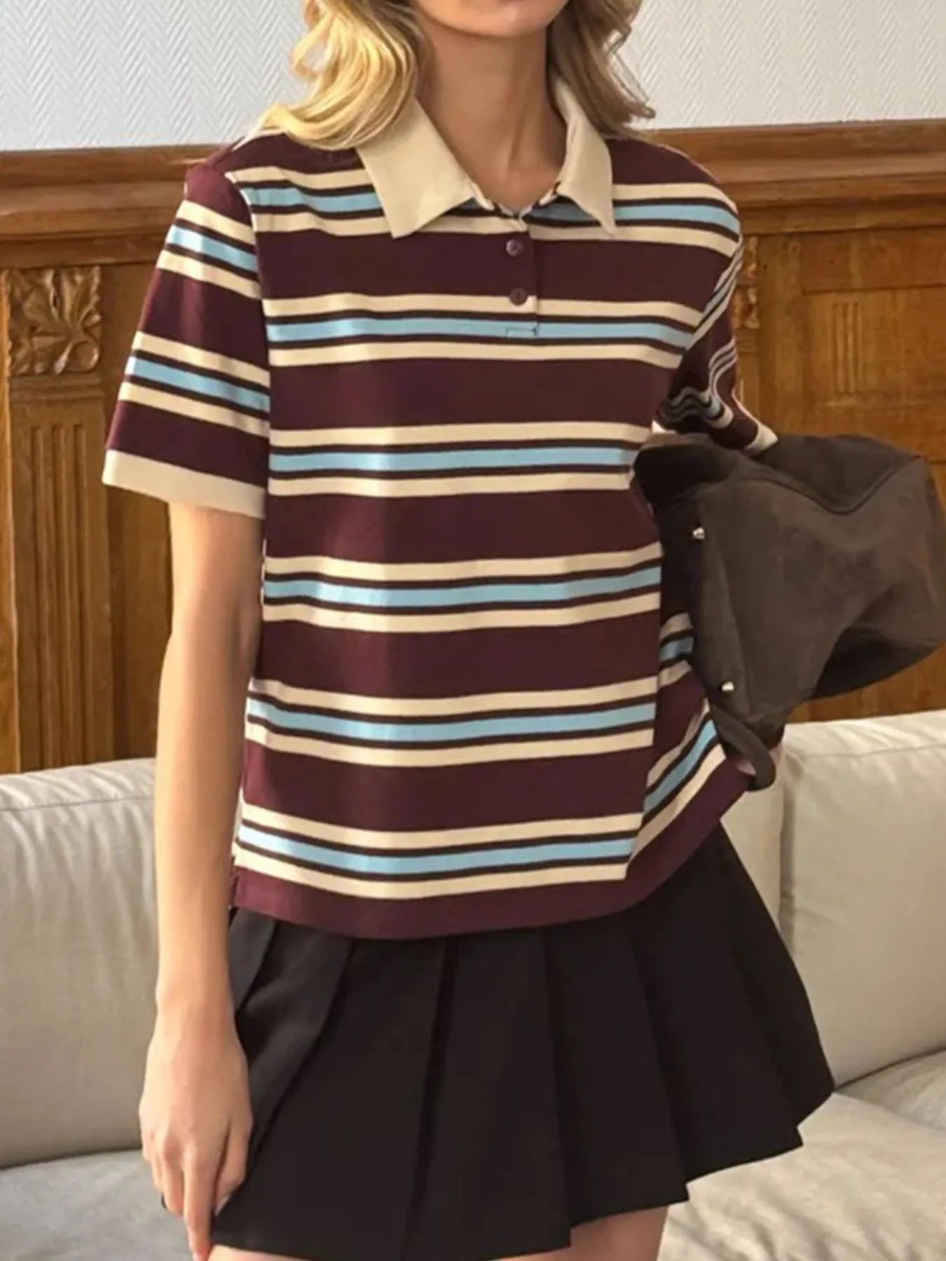 Trendsi Striped Polo T-Shirt with Contrast Collar