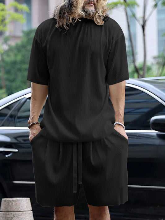 Men's Full Size Round Neck Short Sleeve Top and Shorts Set Plus Size Black Easy Apparels