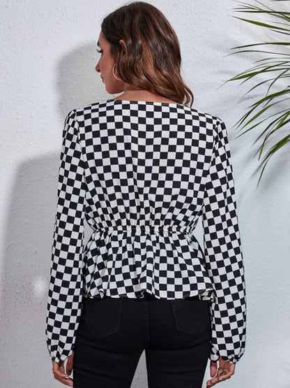 Trendsi Checkered V-Neck Balloon Sleeve Peplum Blouse
