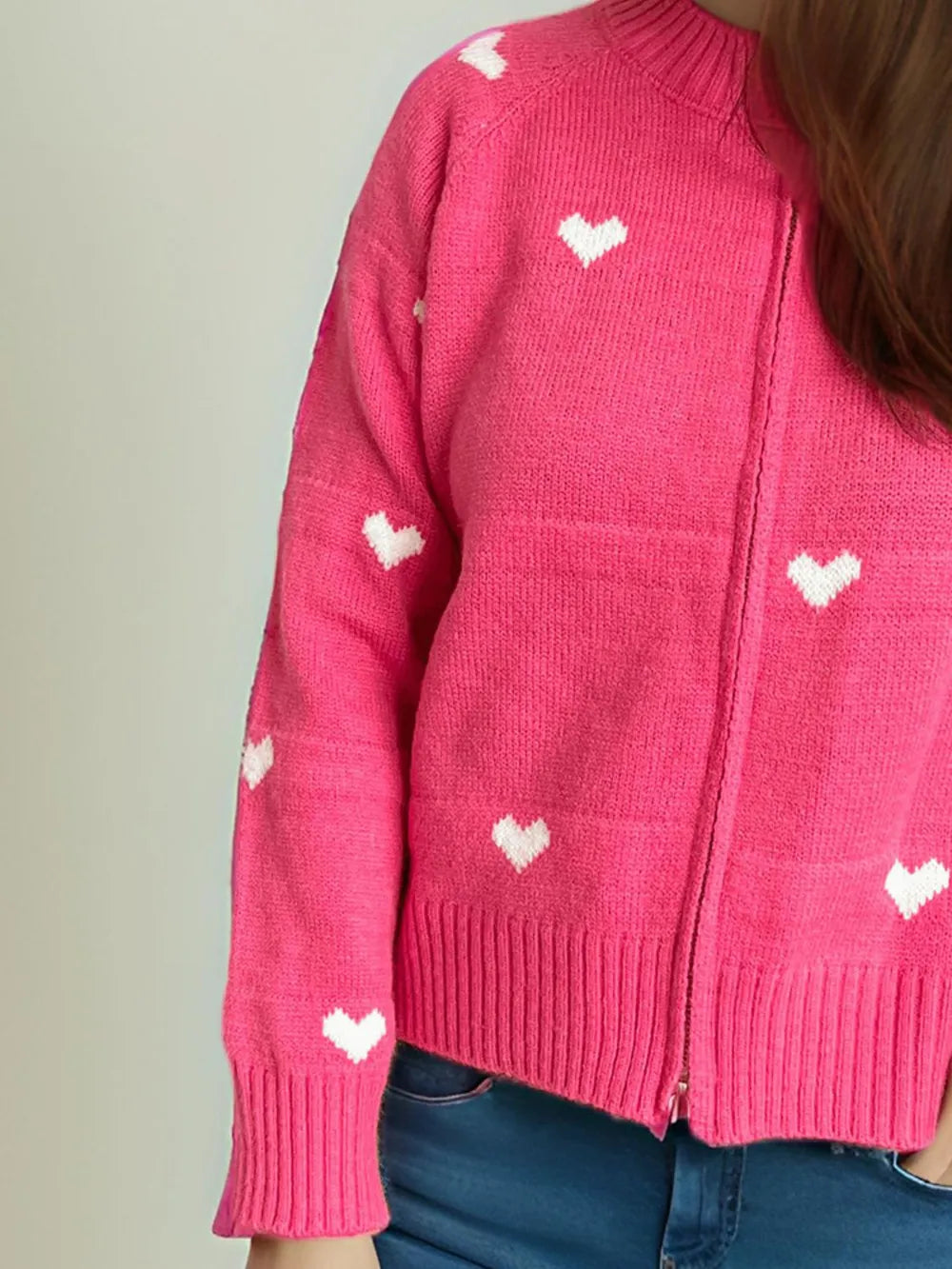 Heart Round Neck Zip Up Cardigan Easy Apparels