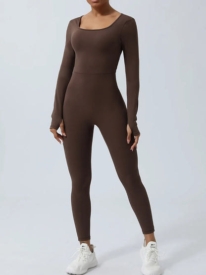 Twisted Backless Long Sleeve Jumpsuit Chocolate Easy Apparels