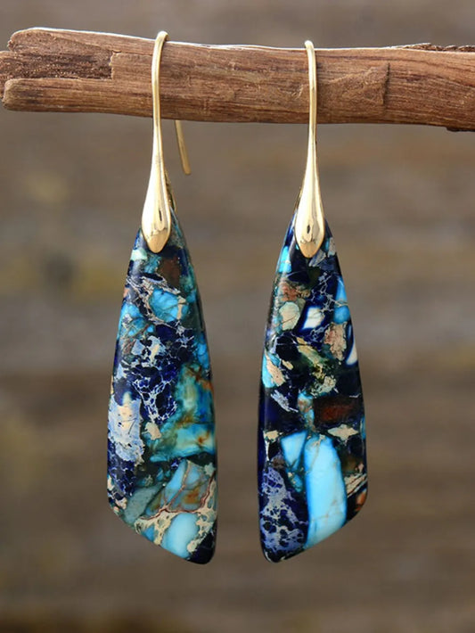 Geometrical Shape Dangle Earrings Blue Gold One Size Easy Apparels