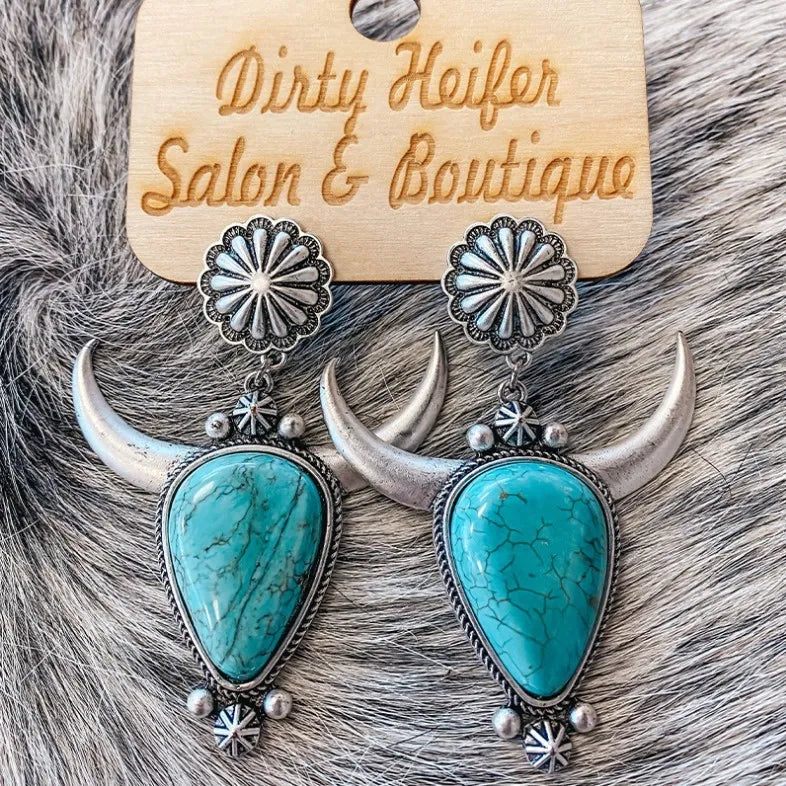 Artificial Turquoise Alloy Cow Head Earrings Easy Apparels