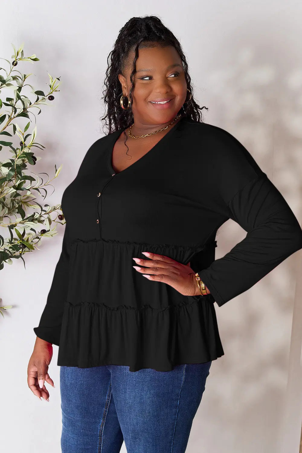 Trendsi Double Take Half Button Long Sleeve Ruffle Hem Blouse
