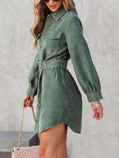 Button Front Belt Long Sleeve Corduroy Dress Easy Apparels