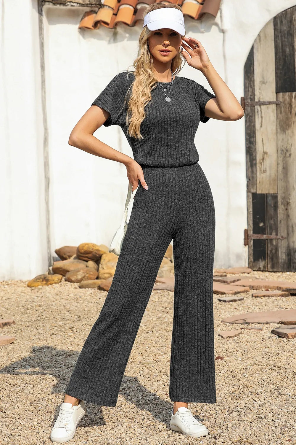 Ribbed Short Sleeve Wide Leg Jumpsuit Easy Apparels