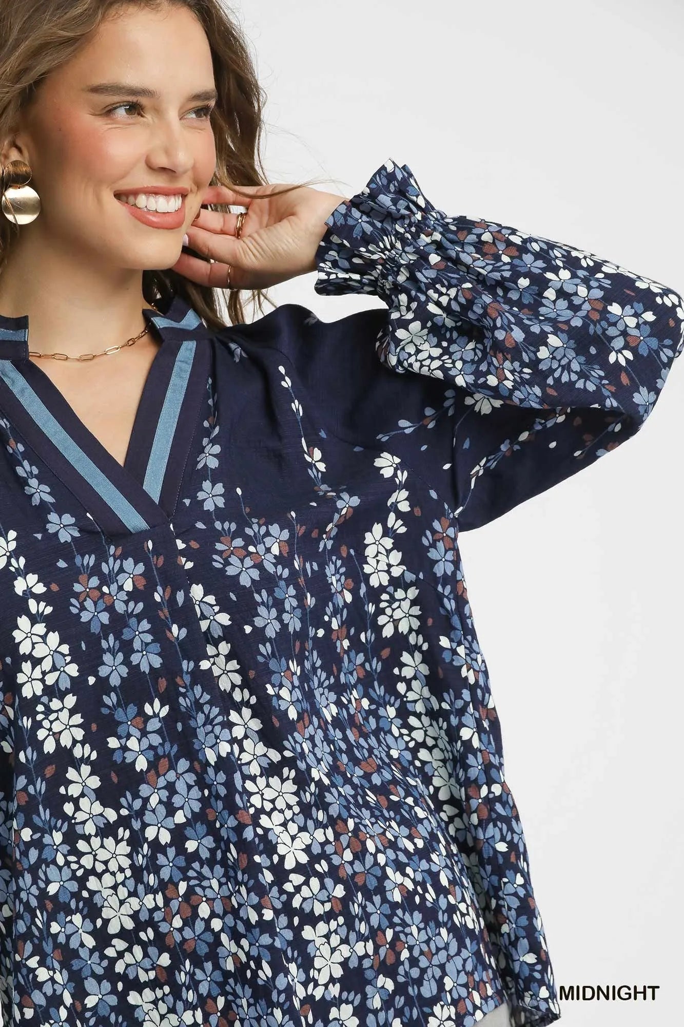 Trendsi Umgee Full Size Floral Vine Print Blouse with Balloon Sleeves Plus Size