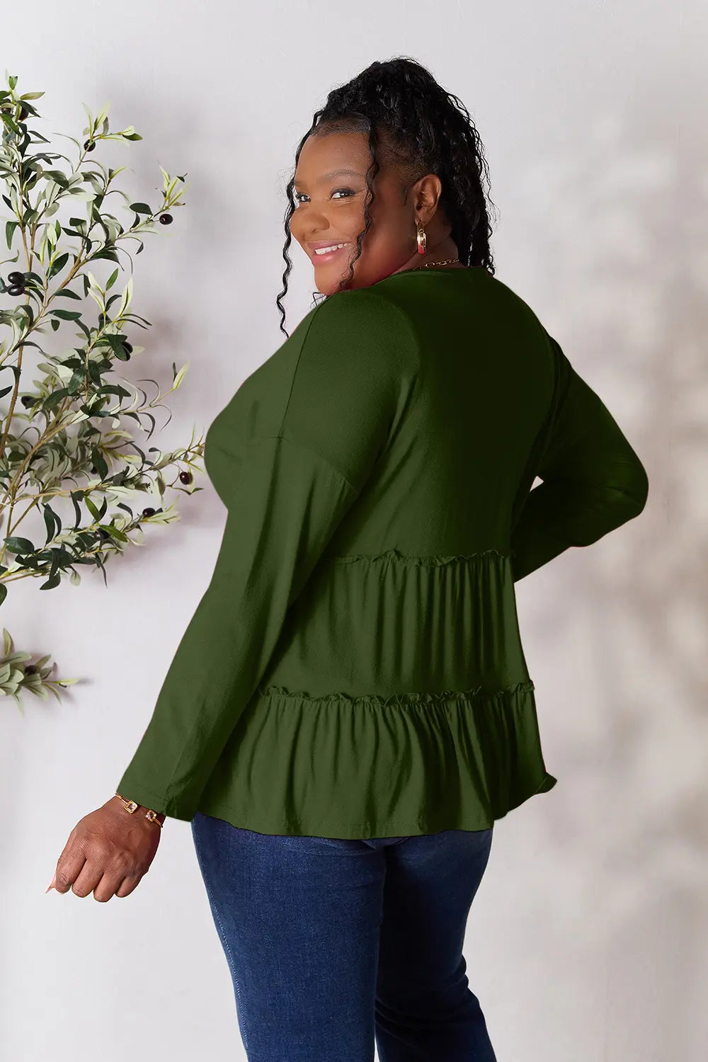 Trendsi Double Take Half Button Long Sleeve Ruffle Hem Blouse