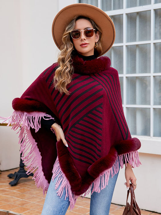 Striped Fringe Hem Poncho Wine One Size Easy Apparels