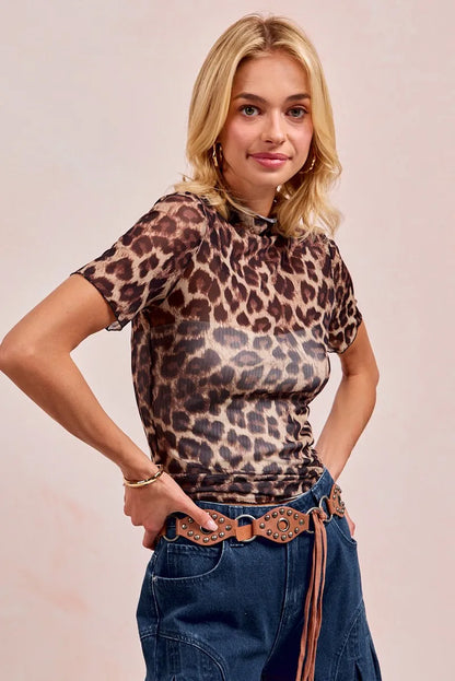 Trendsi BiBi High Neck Leopard Mesh Short Sleeves Top