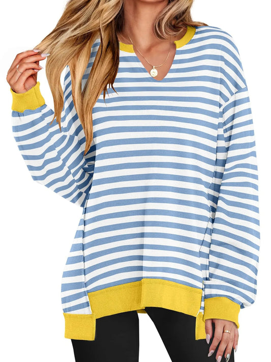 Trendsi Notched Long Sleeve Oversized Sweatshirt Light Blue Stripes