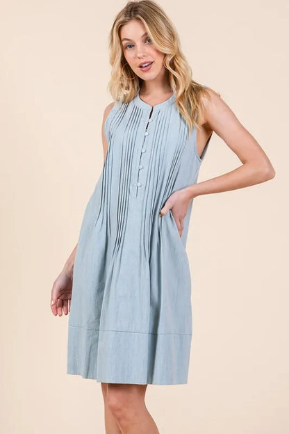 Lime 'N' Chili Denim Pintuck Detail Sleeveless Midi Dress Easy Apparels
