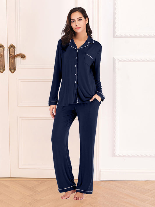 Collared Neck Long Sleeve Loungewear Set with Pockets Navy Easy Apparels